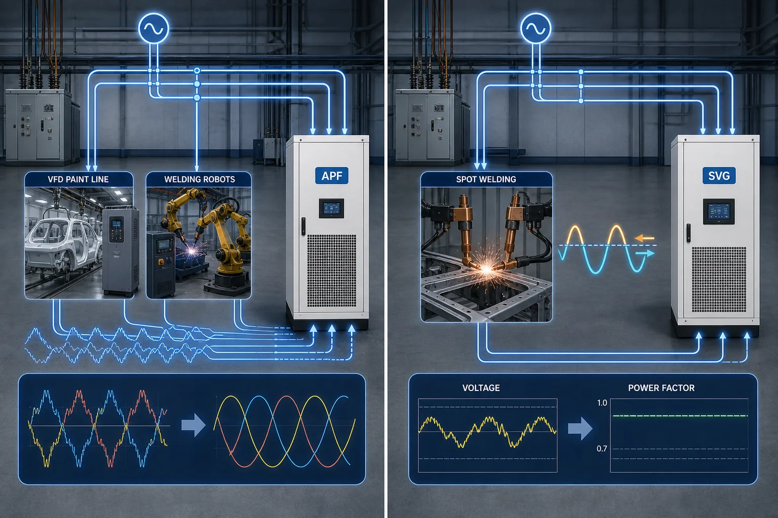 APF versus SVG roles for automotive plant harmonics and reactive power