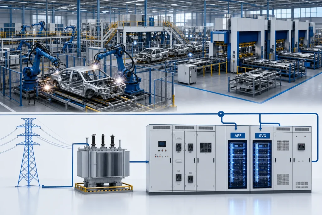 Automobile plant power quality overview with APF and SVG at the switchboard