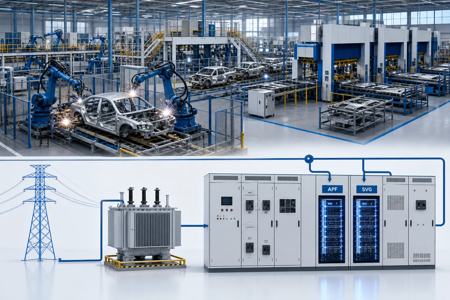 Automobile plant power quality overview with APF and SVG at the switchboard