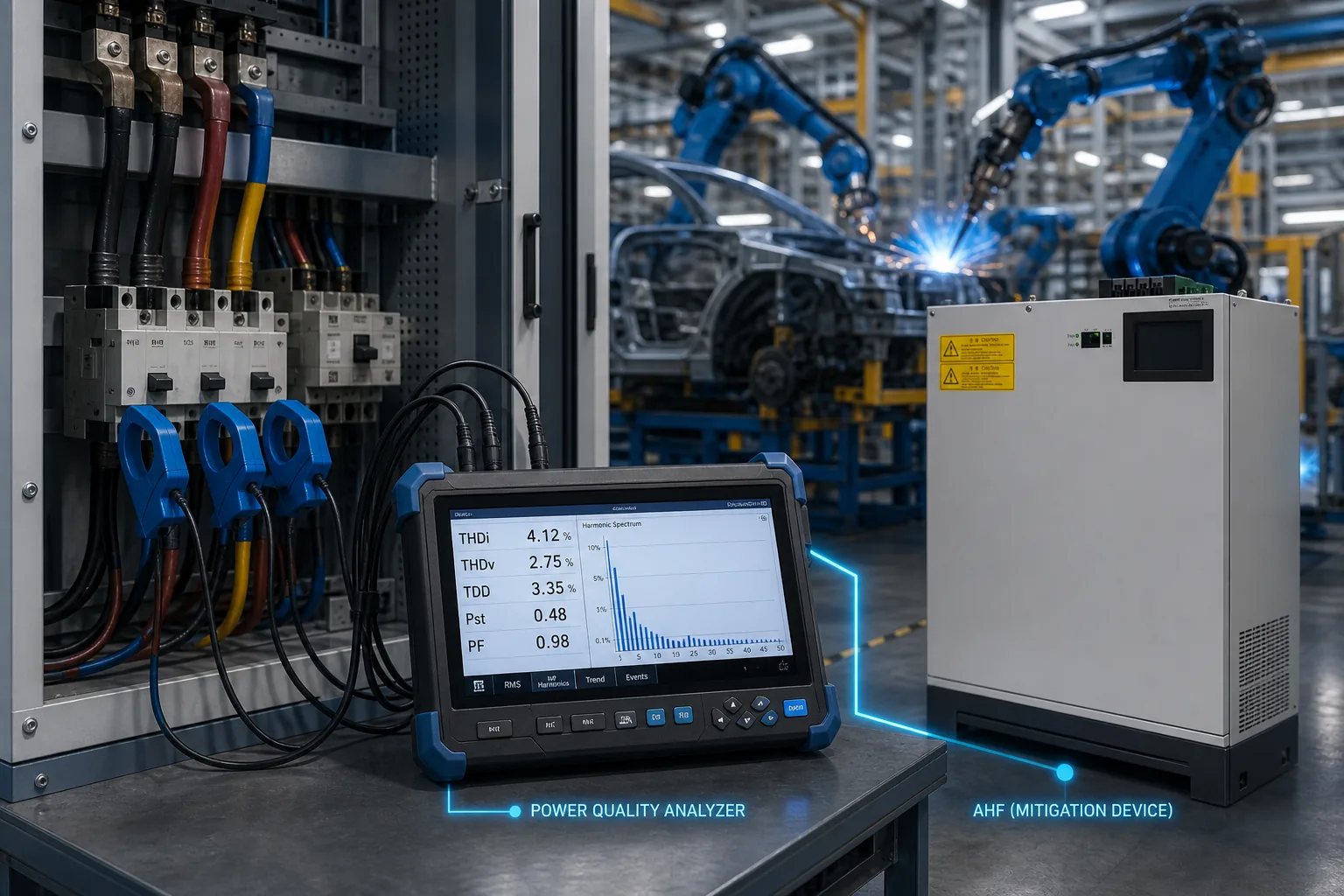 Welding robot harmonic profile measured at the switchboard