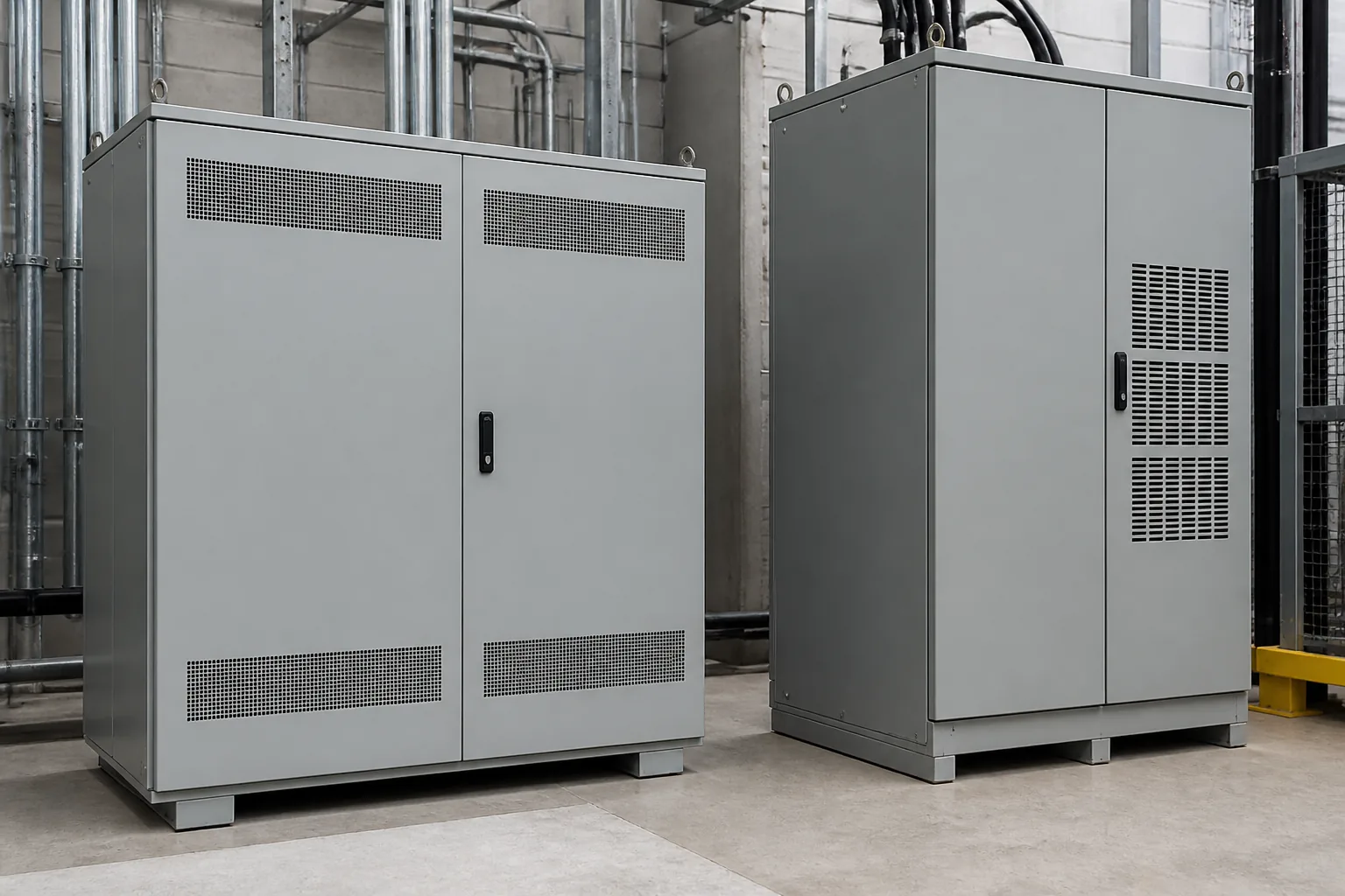 Two plant cabinets standing in for switched capacitors versus a power-electronics Q path