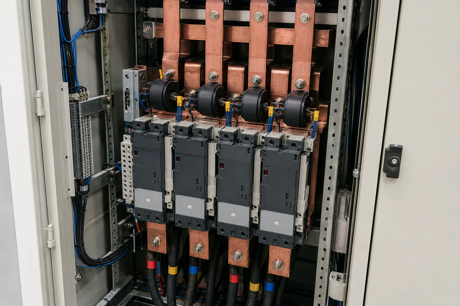 Three-phase switchgear context for line voltage and current based Q formulas