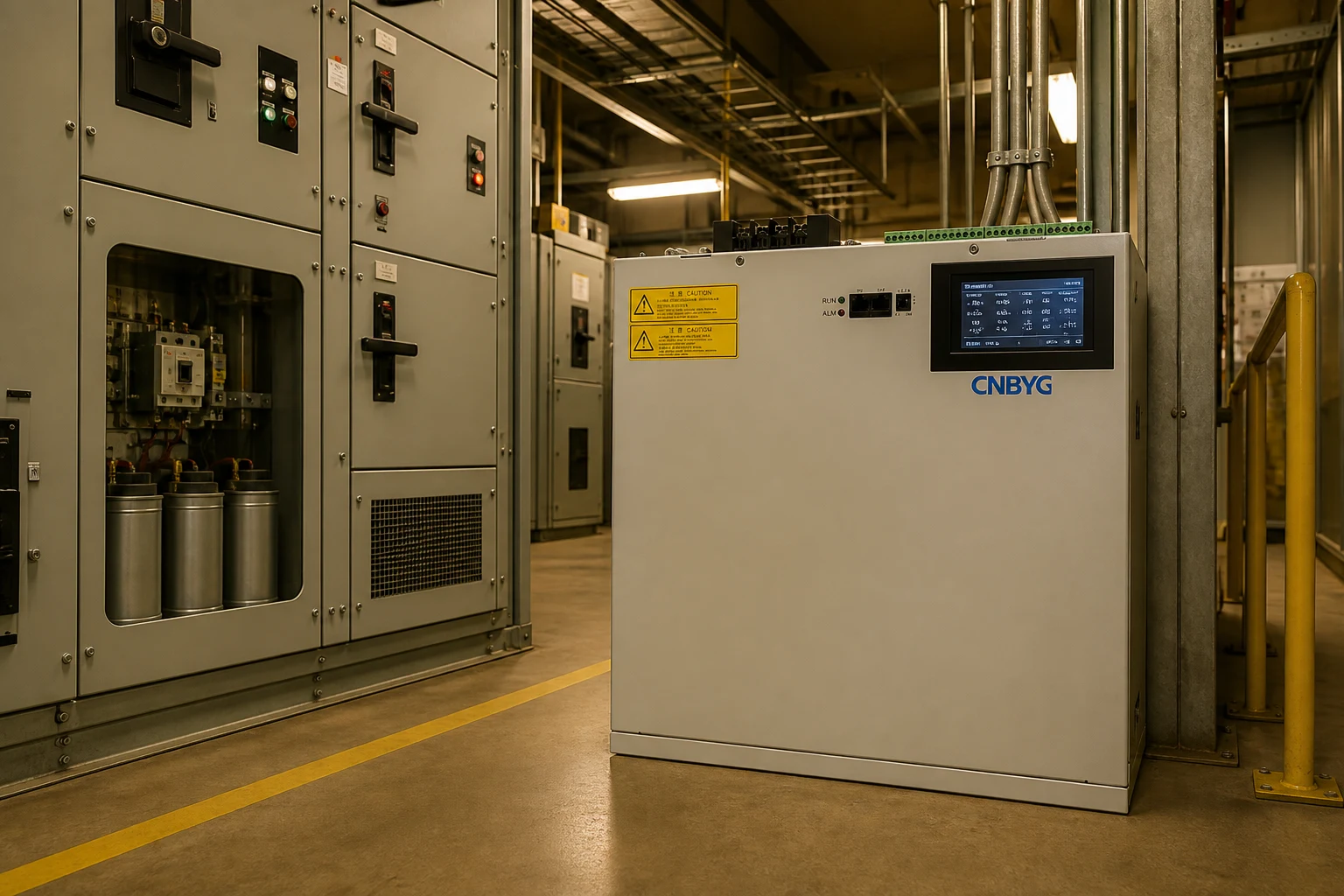 Power quality cabinet in a capacitive leading-power-factor plant context