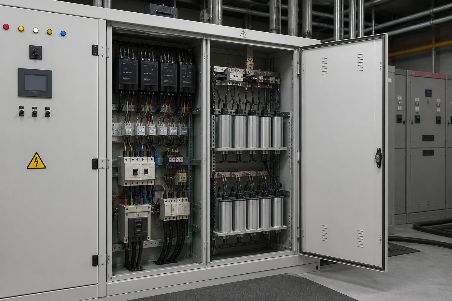 Low-voltage capacitor bank compensation cabinet with synchronized switching hardware
