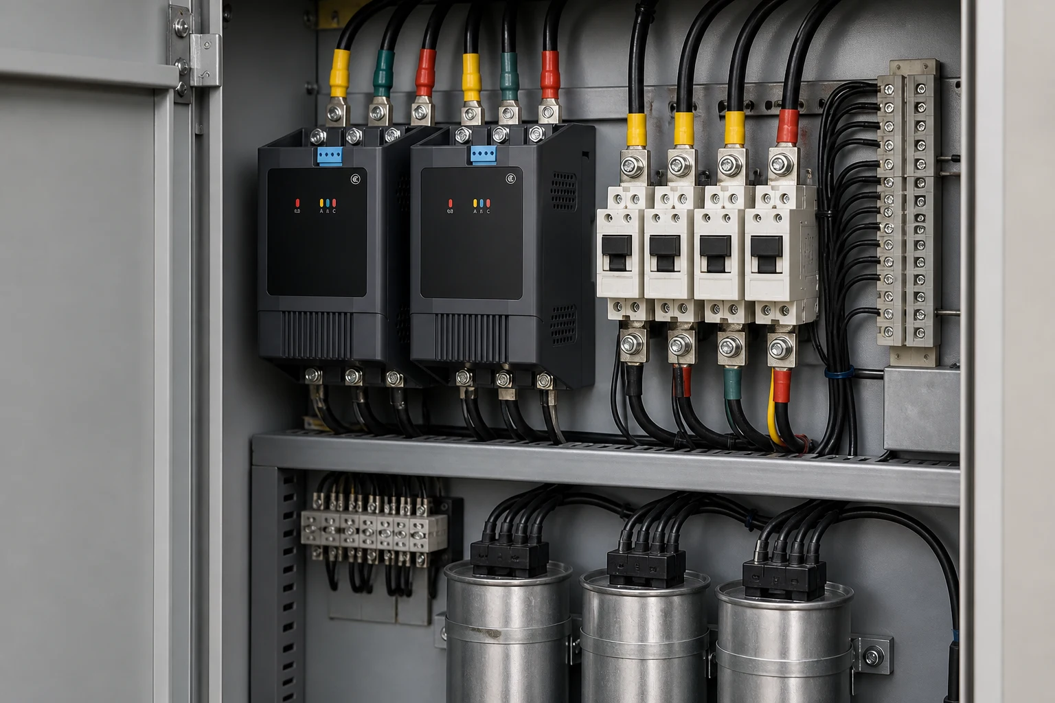 Capacitor bank switching step energizing in an industrial LV switchgear line-up