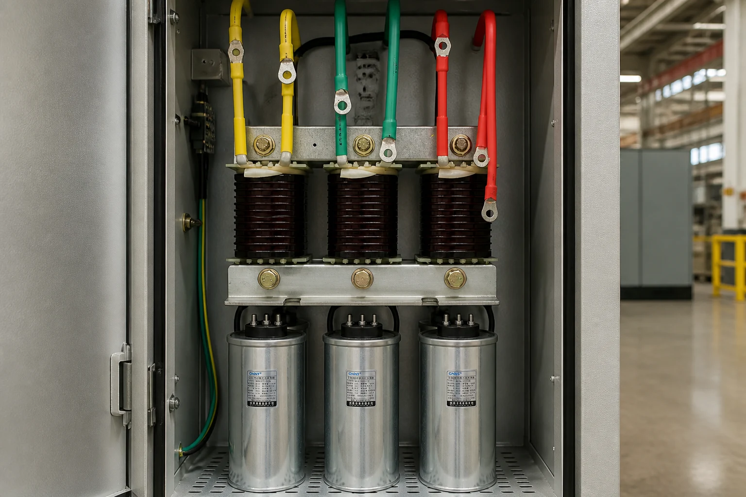Open PFC cabinet with CNBYG CKSG reactor and capacitors