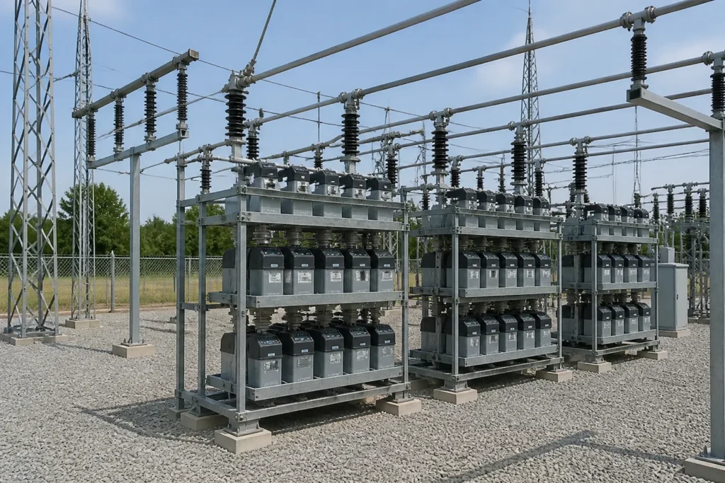 Outdoor substation yard with shunt capacitor bank racks on a distribution bus