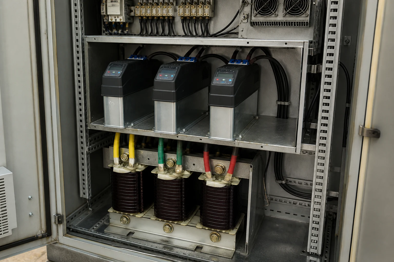 Detuned capacitor and series reactor context in an industrial cabinet