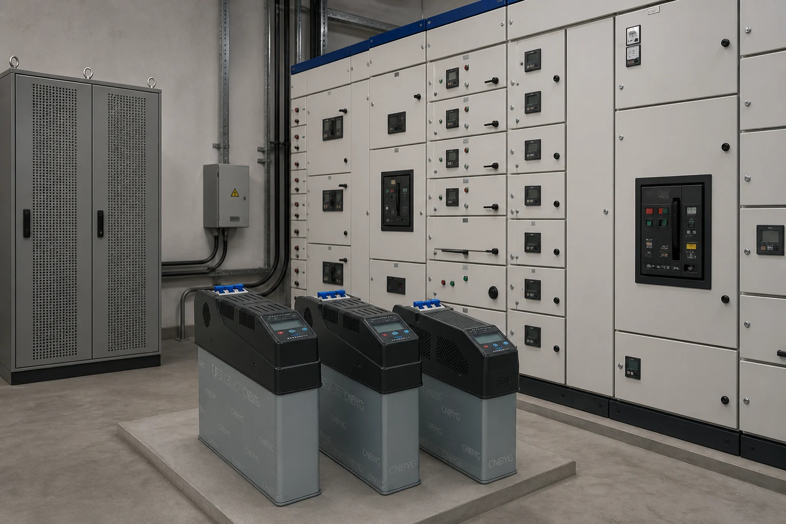LV compensation cabinet with capacitor steps beside a plant MCC