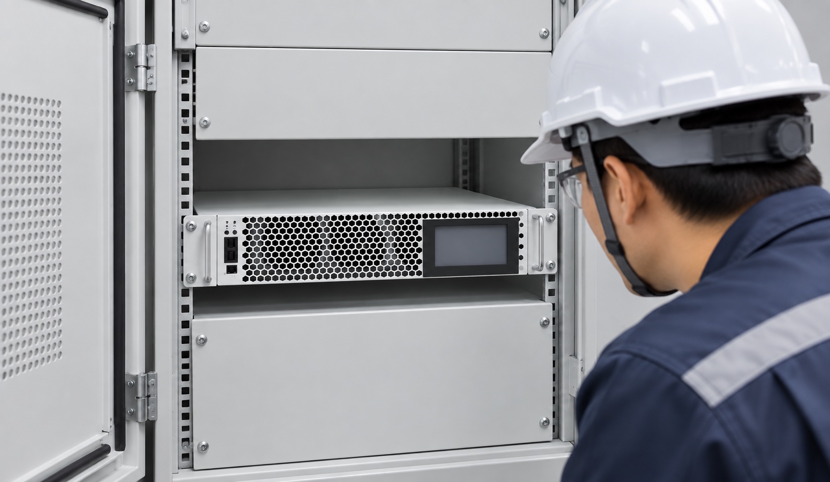 Technician checks front vent of rack-mounted CNBYG active harmonic filter