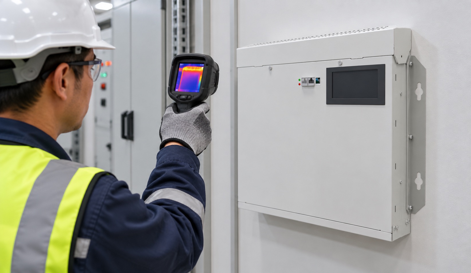 Technician inspects wall-mounted CNBYG active harmonic filter with thermal camera