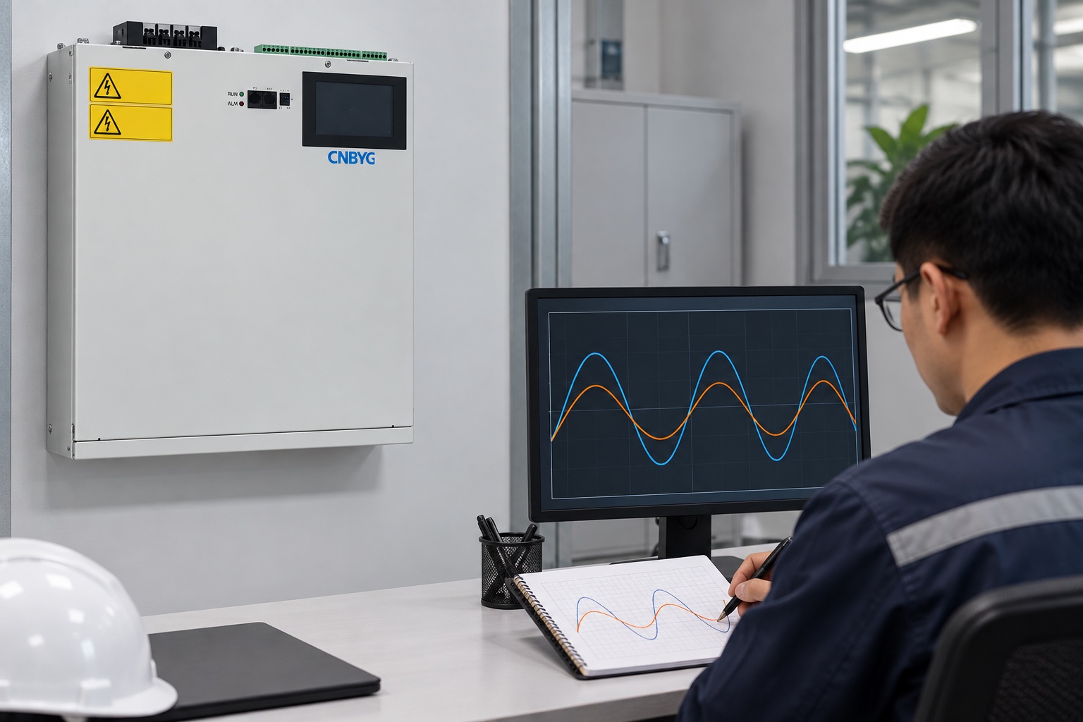 Engineer reviews current waveforms beside a CNBYG active harmonic filter