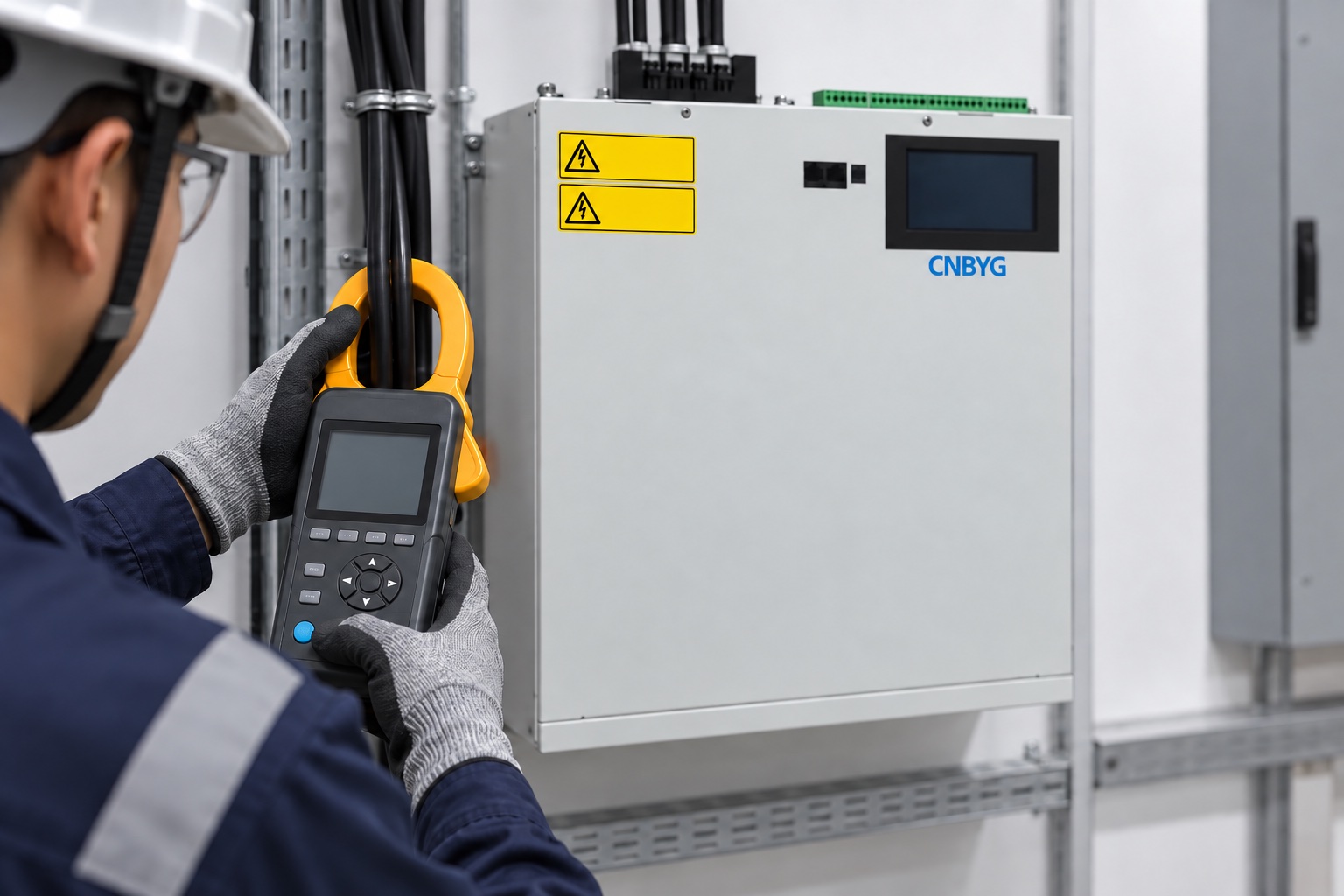 Engineer measuring feeder current near CNBYG active harmonic filter