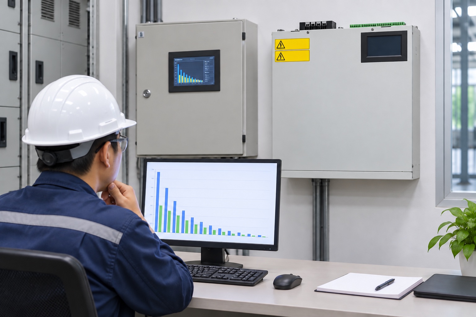 Engineer reviewing harmonic spectrum beside CNBYG active harmonic filter