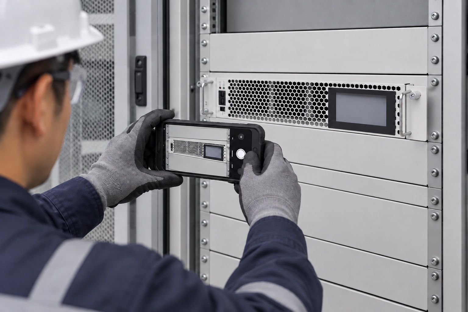 Technician photographs rack-mounted CNBYG active harmonic filter exterior