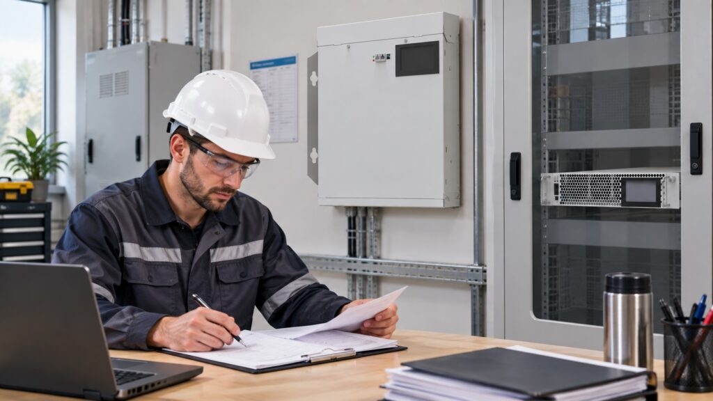 Engineer documents maintenance near wall and rack CNBYG active harmonic filters