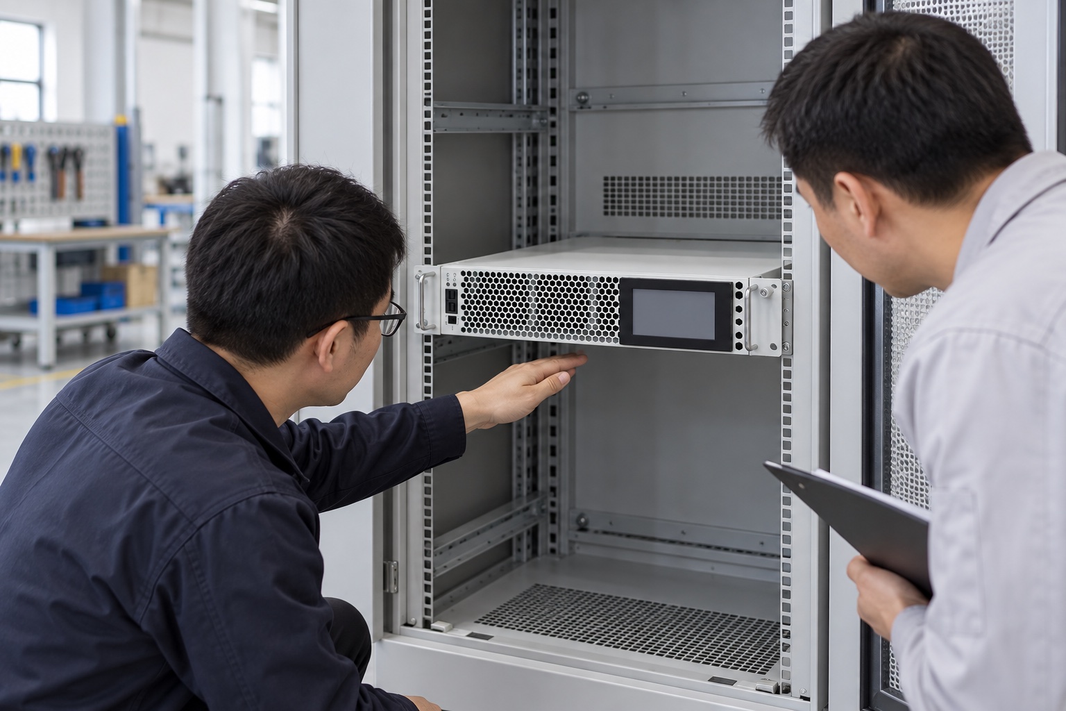Panel builders inspect rack-mounted CNBYG active harmonic filter cabinet fit
