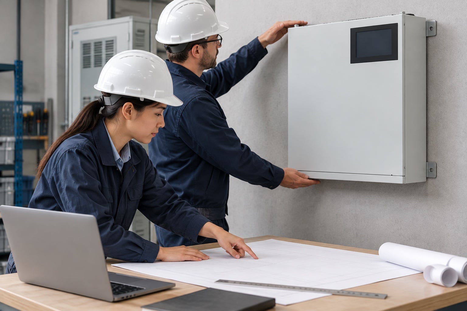 Engineers review installation space beside a CNBYG wall active harmonic filter