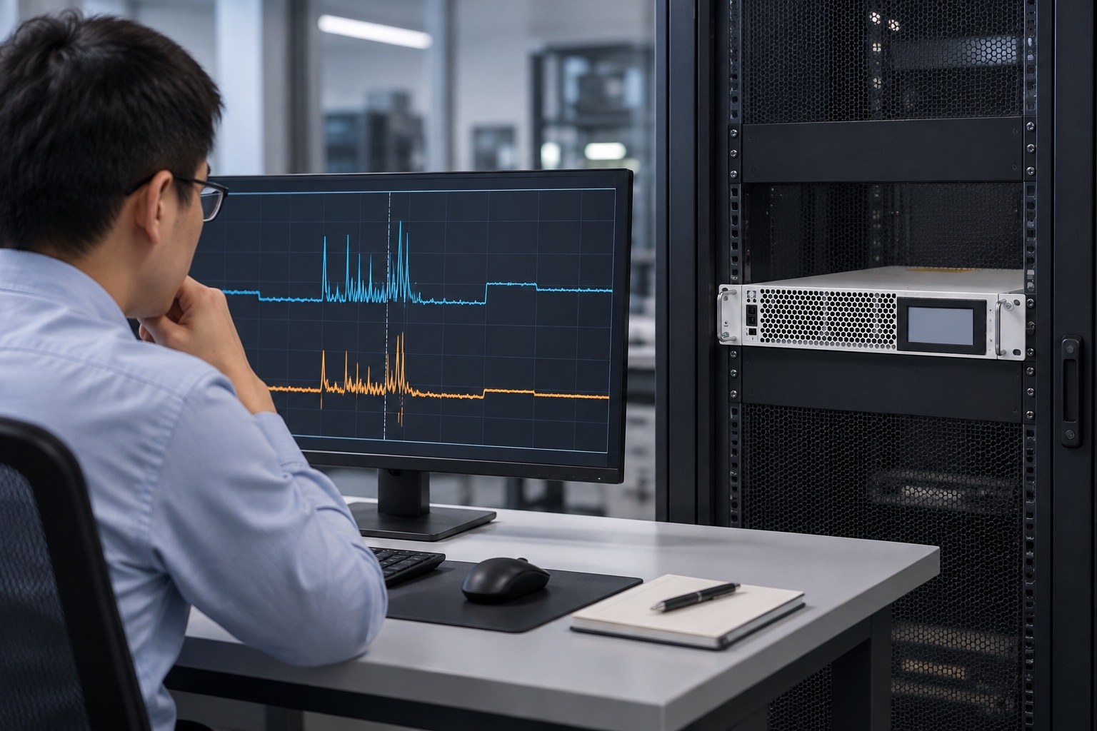 Engineer reviewing event traces beside an active harmonic filter module