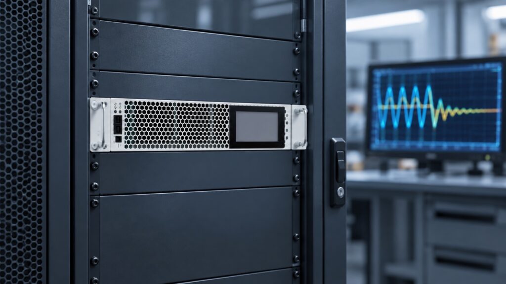 Rack-mounted CNBYG active harmonic filter in a test setting