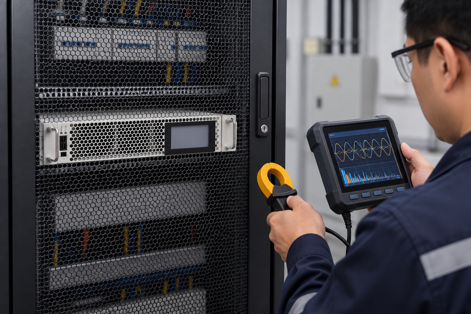 Technician measuring near rack-mounted active harmonic filter