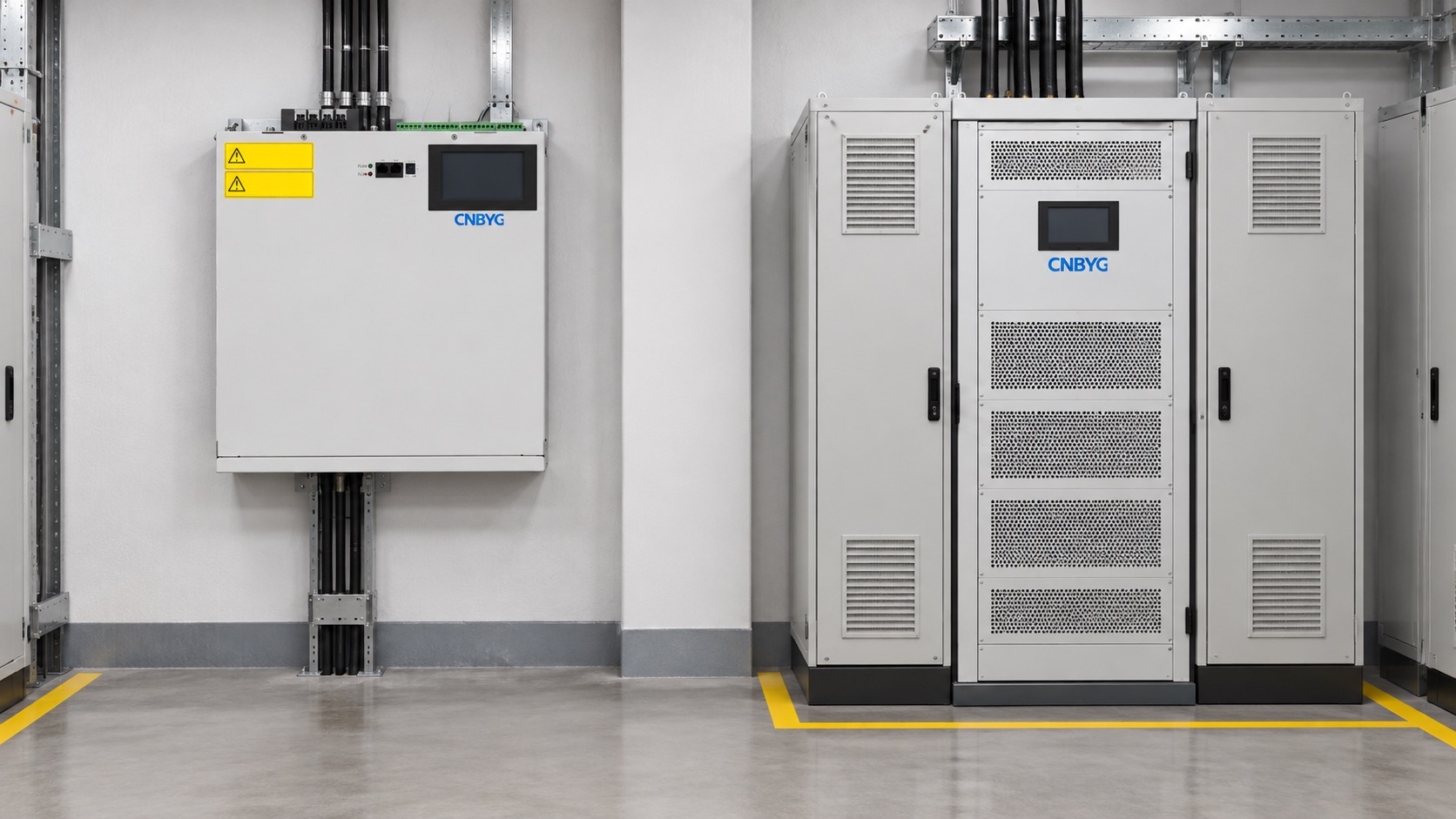 Wall-mounted SVG and rack AHF shown with cabinet service clearance