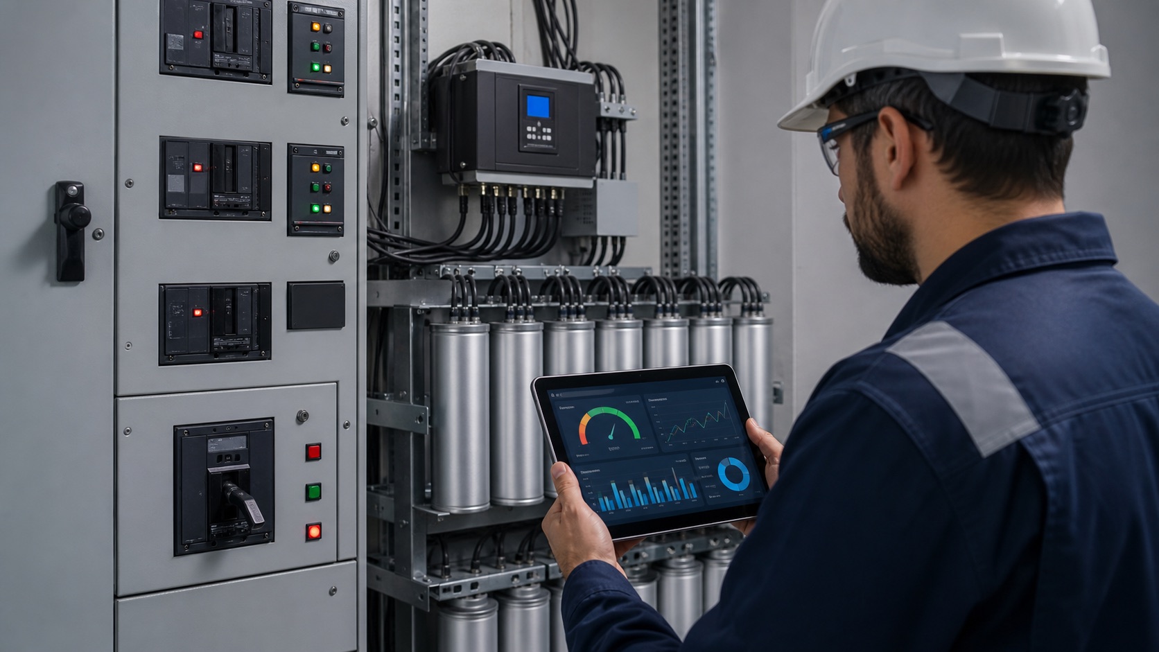 Engineer verifying an industrial capacitor bank and power factor trend