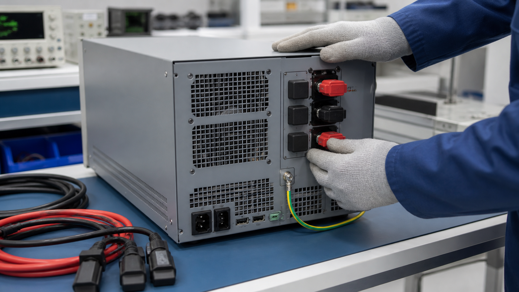Technician checking protected terminals and cooling vents before energizing a DC power supply