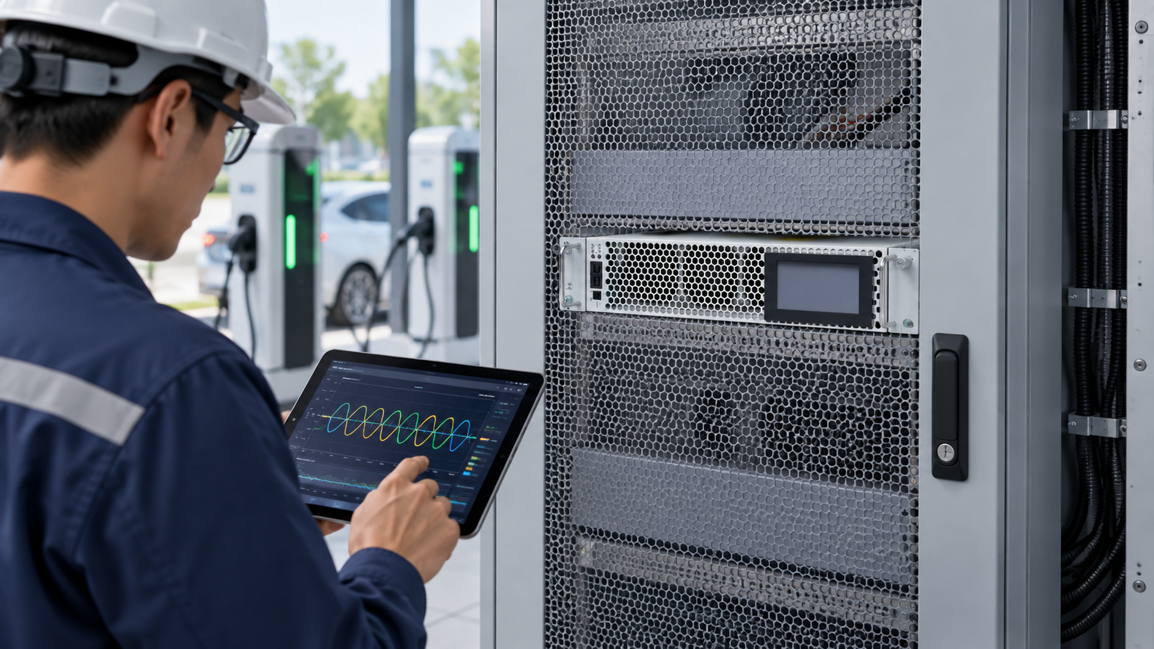 Engineer reviews EV charger current traces beside a rack-mounted AHF module