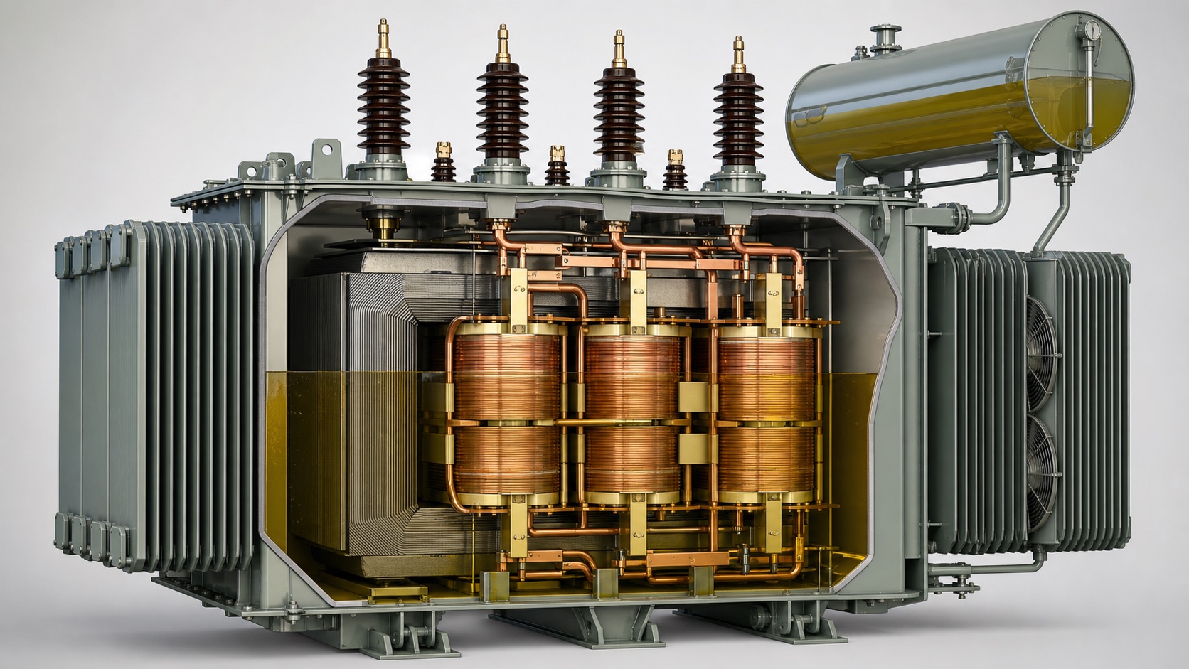 Cutaway illustration of industrial power transformer core windings tank bushings and cooling system