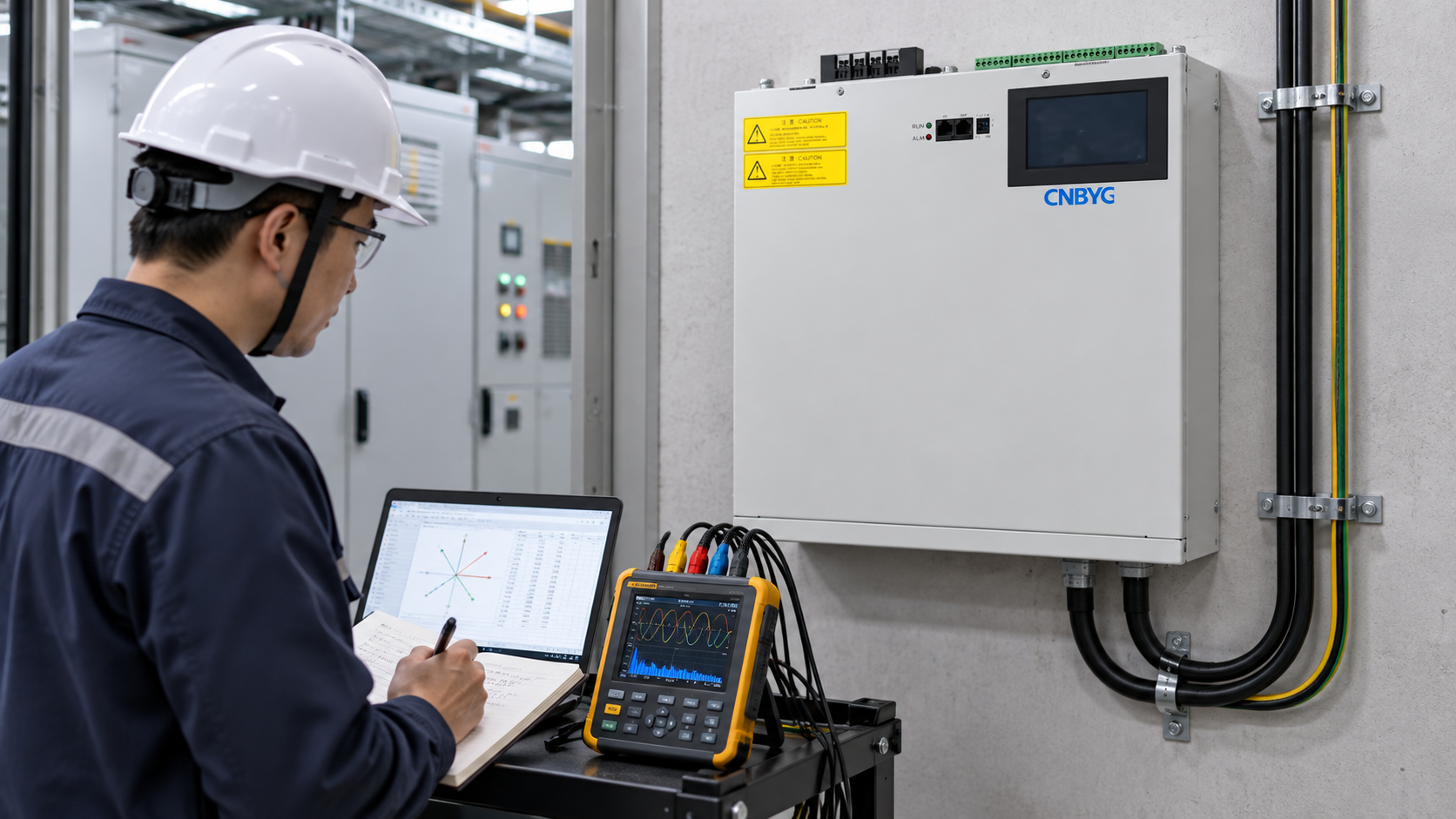 Engineer compares calculated reactive current with an analyzer beside a wall-mounted SVG