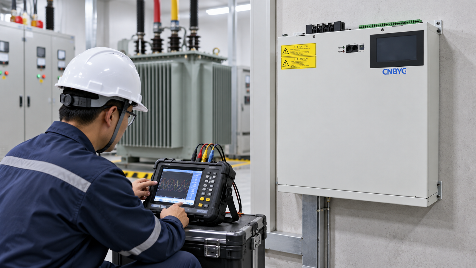 Engineer compares transformer-bus readings with an analyzer beside a wall-mounted SVG