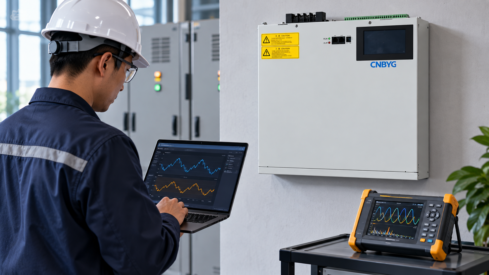 Engineer reviews changing-load power-factor trends beside a wall-mounted CNBYG SVG
