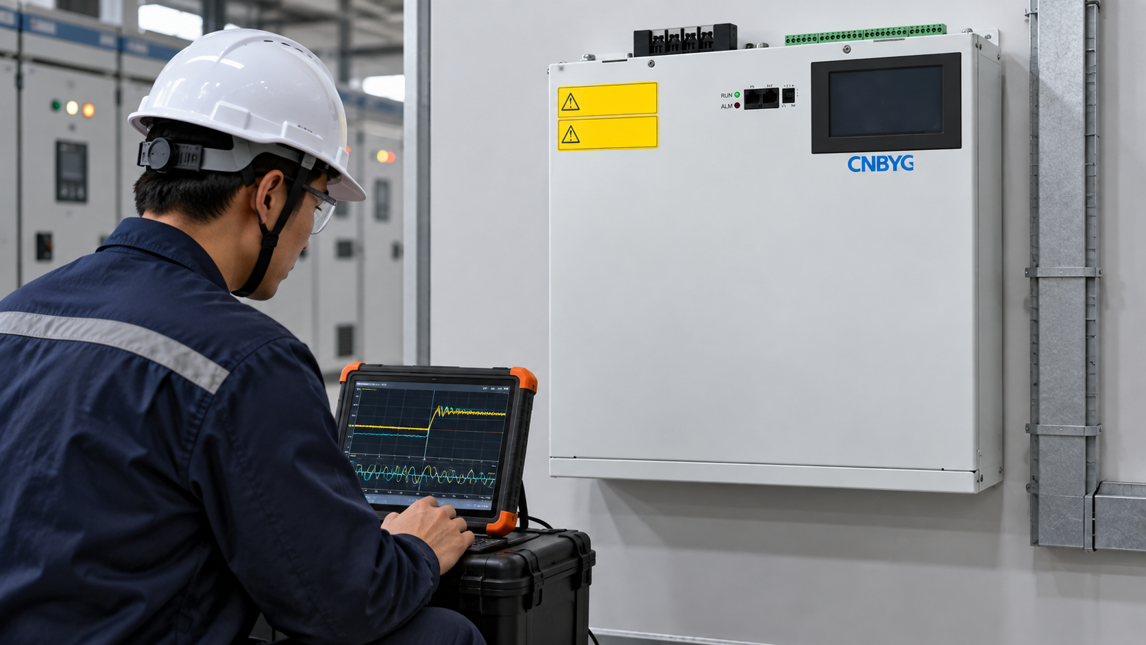 Engineer compares load-current traces beside a wall-mounted CNBYG SVG