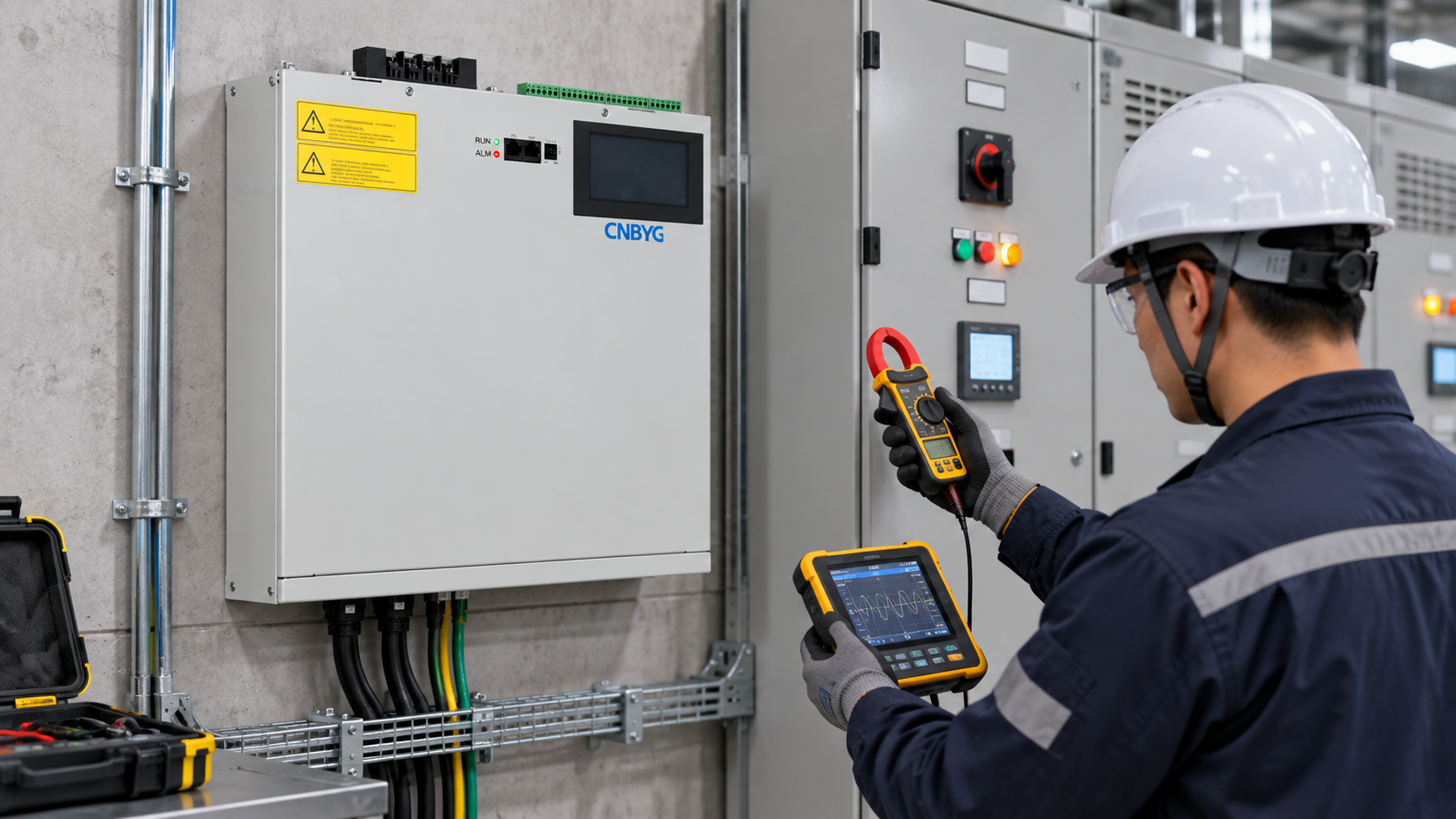 Engineer checks CT polarity and feeder measurements beside a wall-mounted SVG