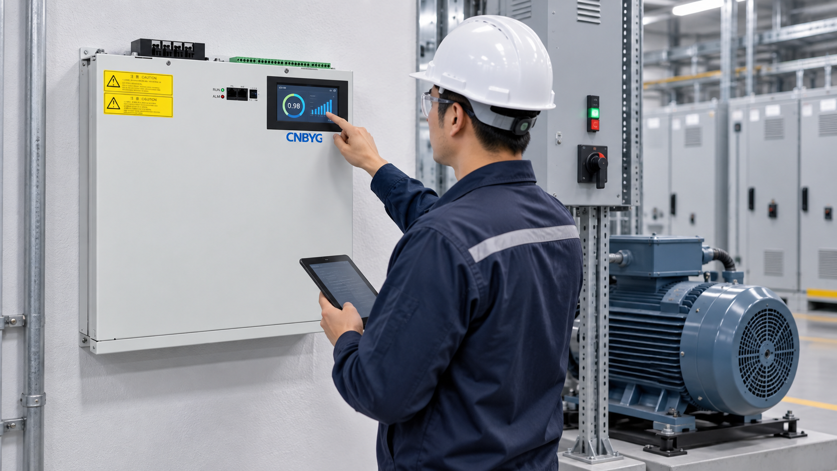 Engineer reviews a wall-mounted CNBYG SVG beside an induction-motor feeder