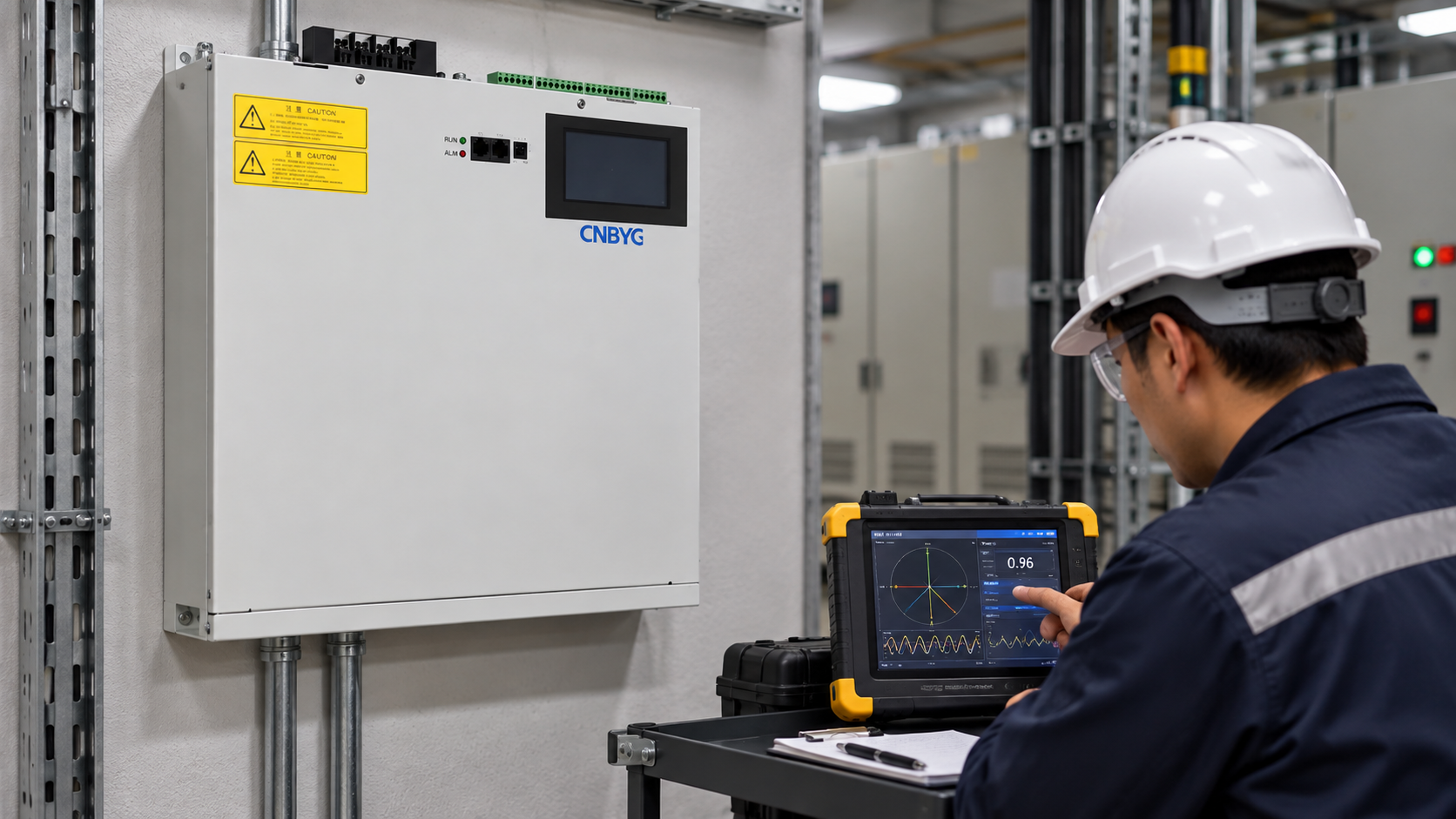 Engineer investigates a signed power-factor reading beside a wall-mounted CNBYG SVG