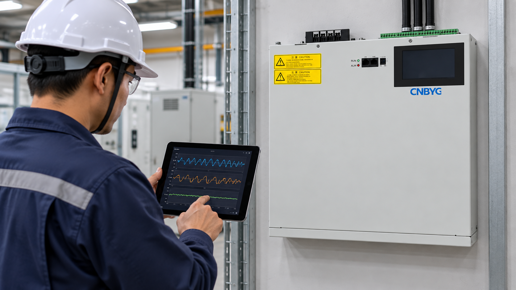 Engineer compares signed kW, kvar and PF traces beside a wall-mounted SVG