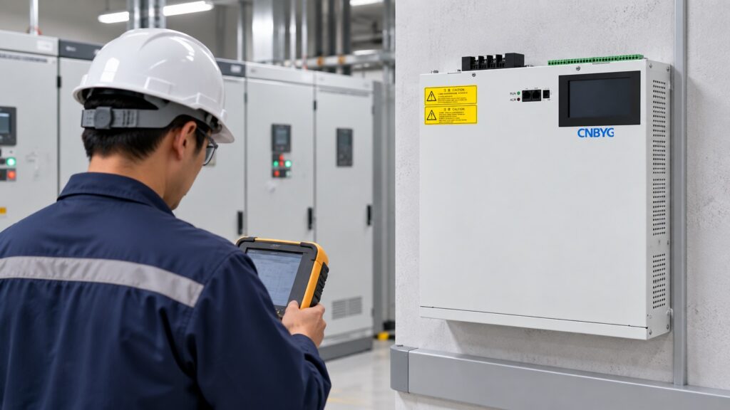 Engineer reviews a wall-mounted CNBYG SVG while checking a power-quality analyzer