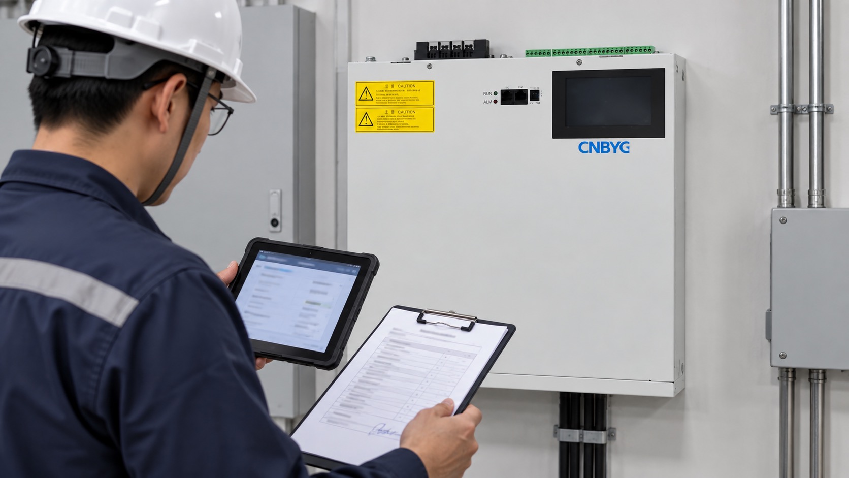 Engineer compares plant and portable meters beside a wall-mounted SVG