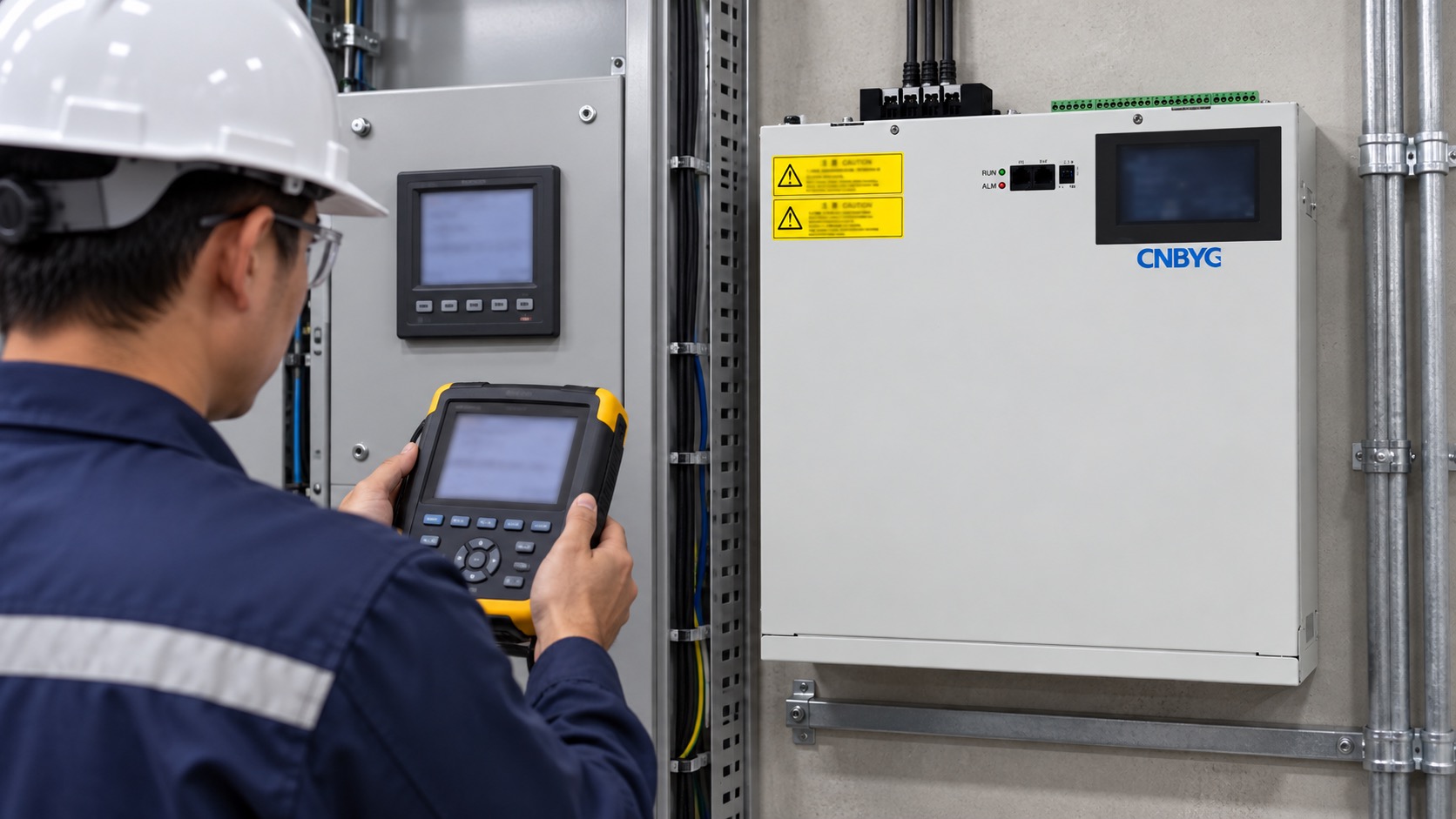 Engineer reviews safe power-factor target settings beside a CNBYG SVG
