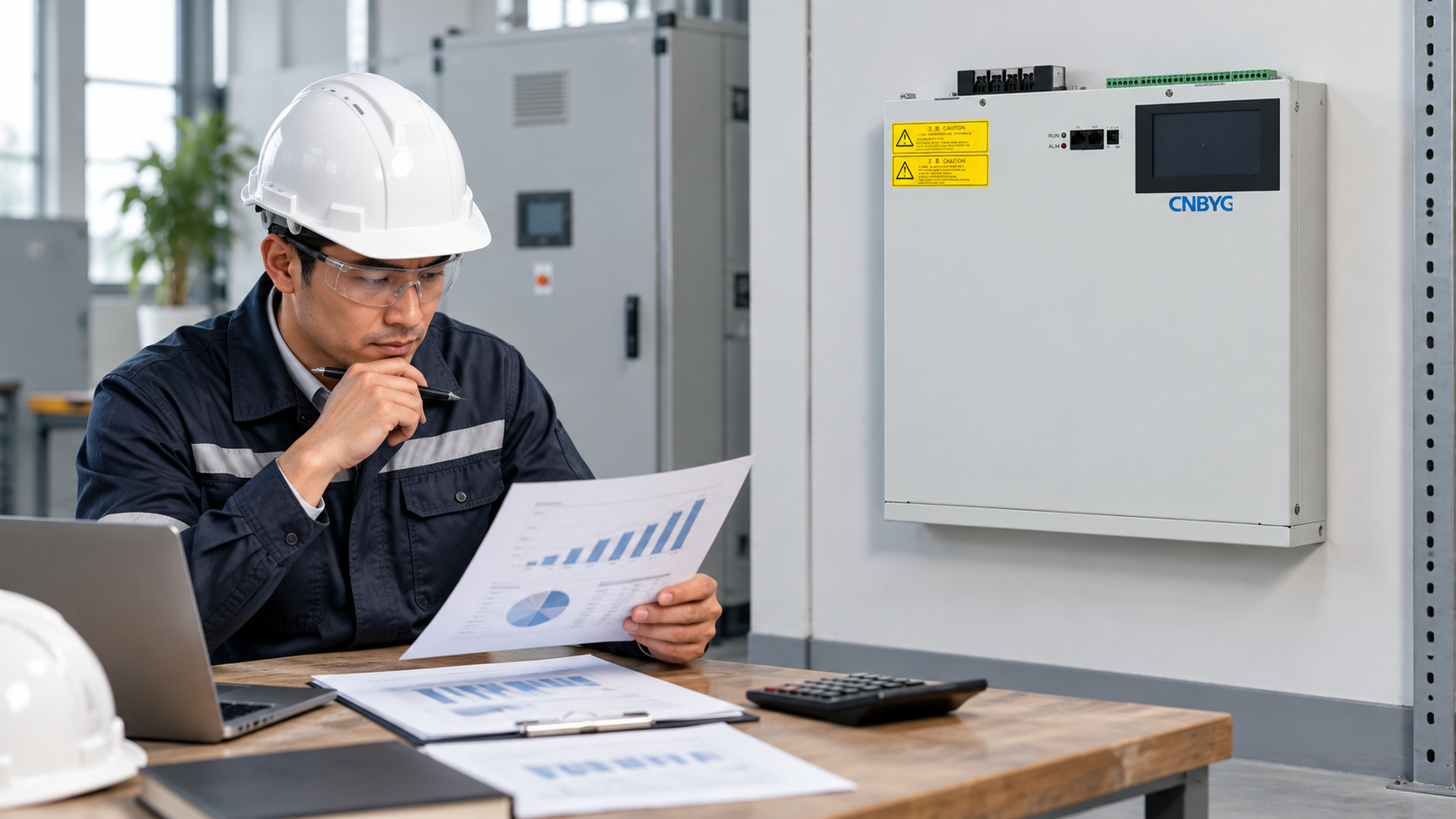 Engineer reviews a power-factor correction payback worksheet beside a wall-mounted CNBYG SVG
