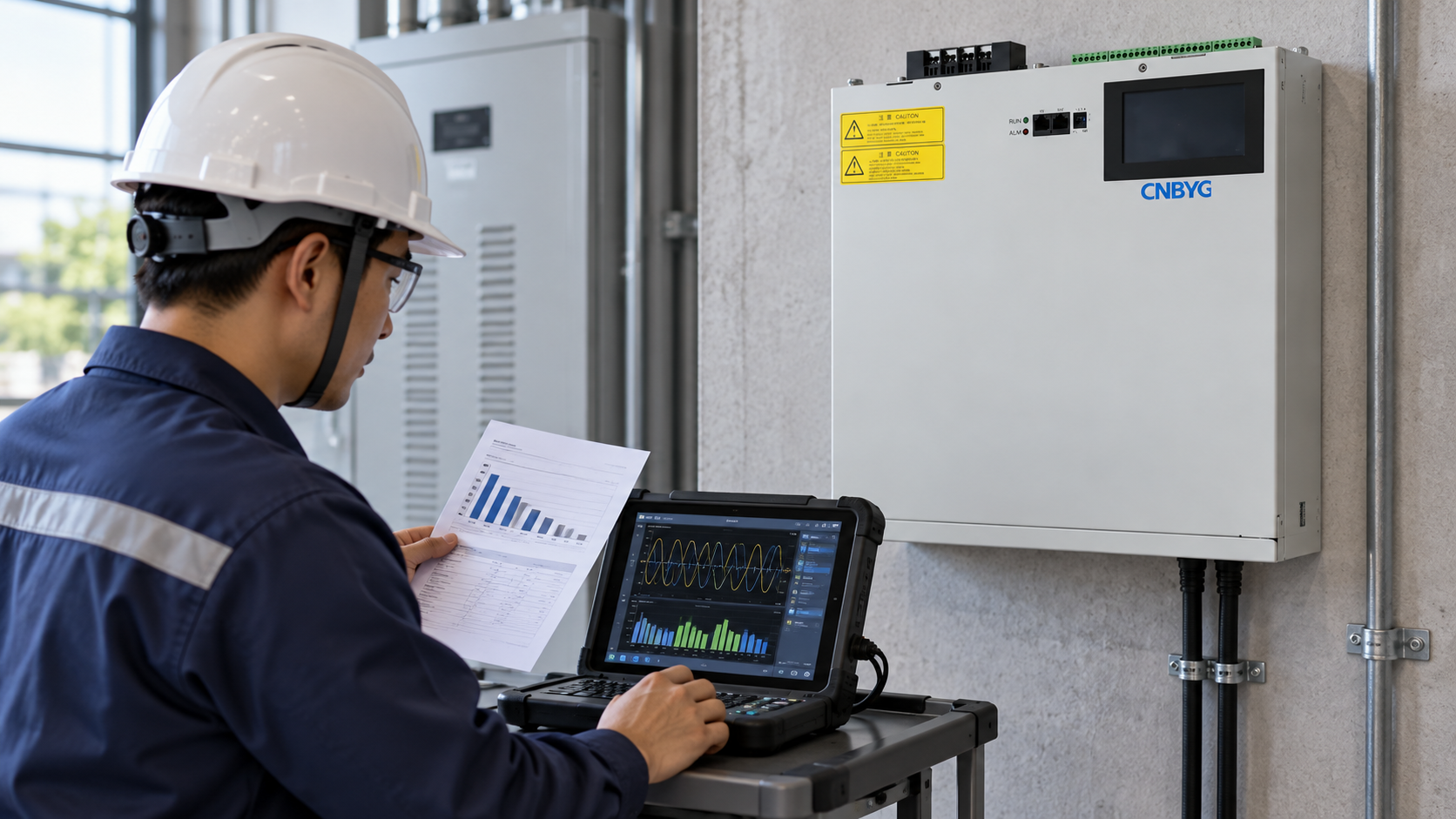 Engineer compares bill savings and measured current reduction beside a wall-mounted SVG