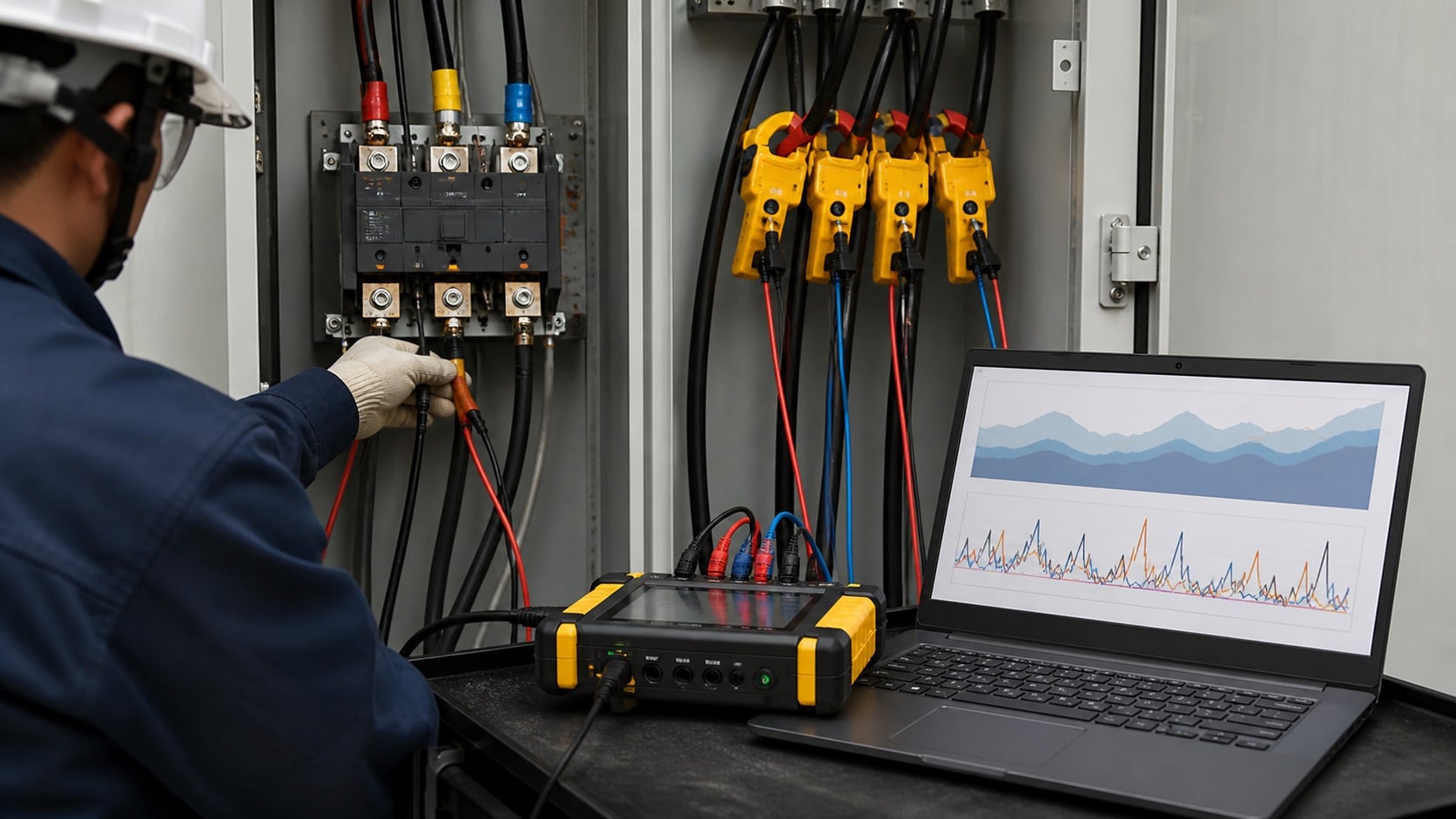 Engineer using a power data logger and laptop for an industrial energy study
