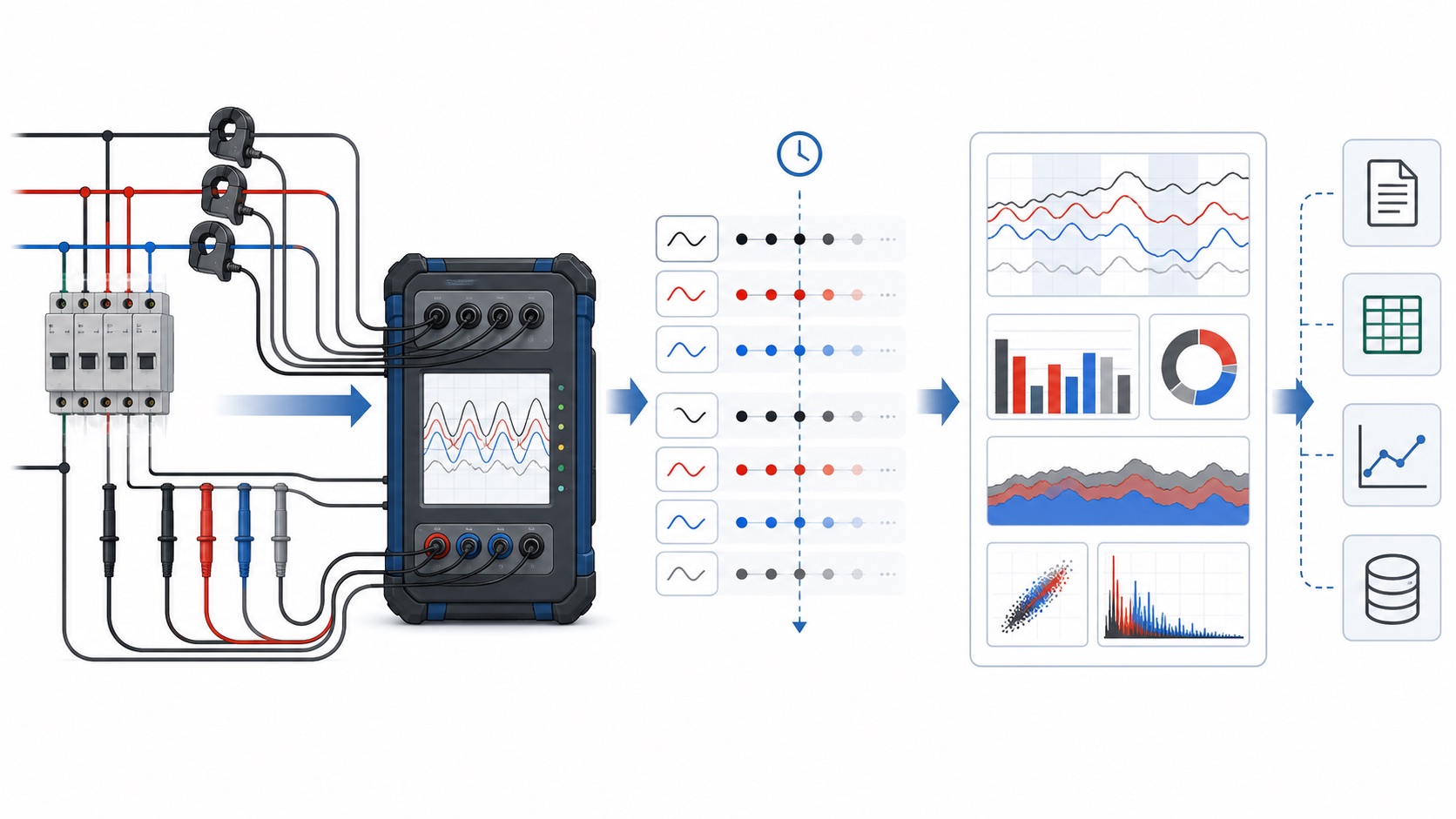 Power data logger measurement chain from sensors through time series analysis and export