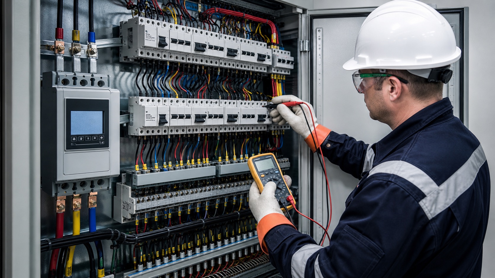 Qualified electrician commissioning an industrial power distribution module