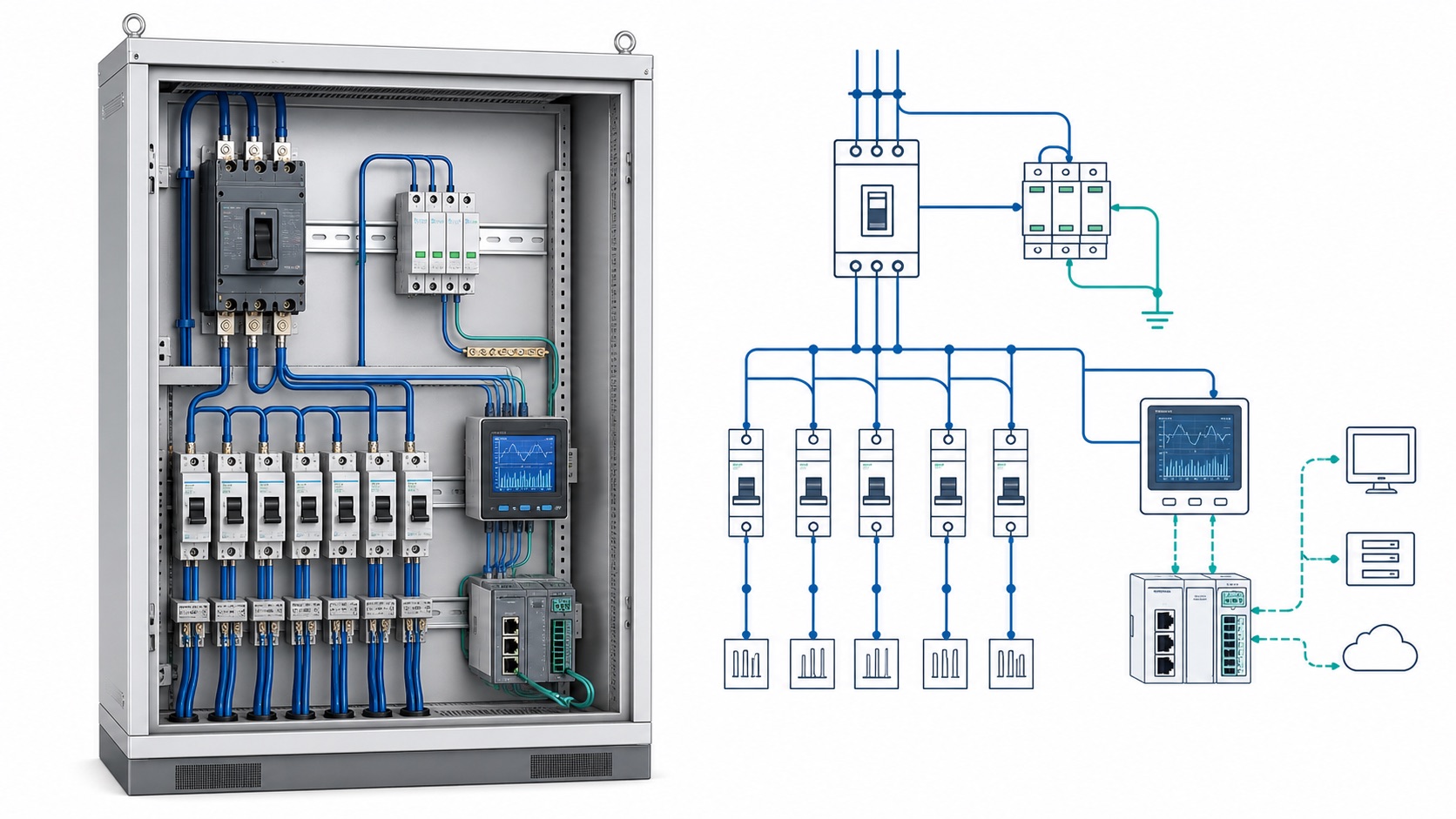 Industrial power distribution module architecture with protected branches and communications