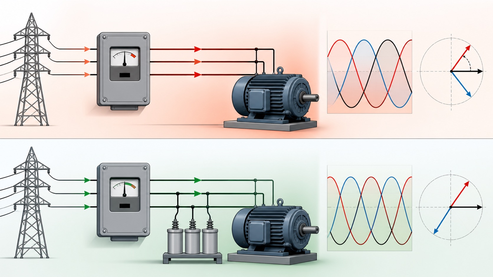 Conceptual comparison of poor and corrected power factor for an industrial motor load