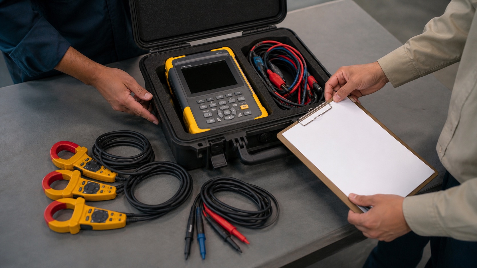 Power quality analyzer rental kit inspection with clamps leads and blank checklist