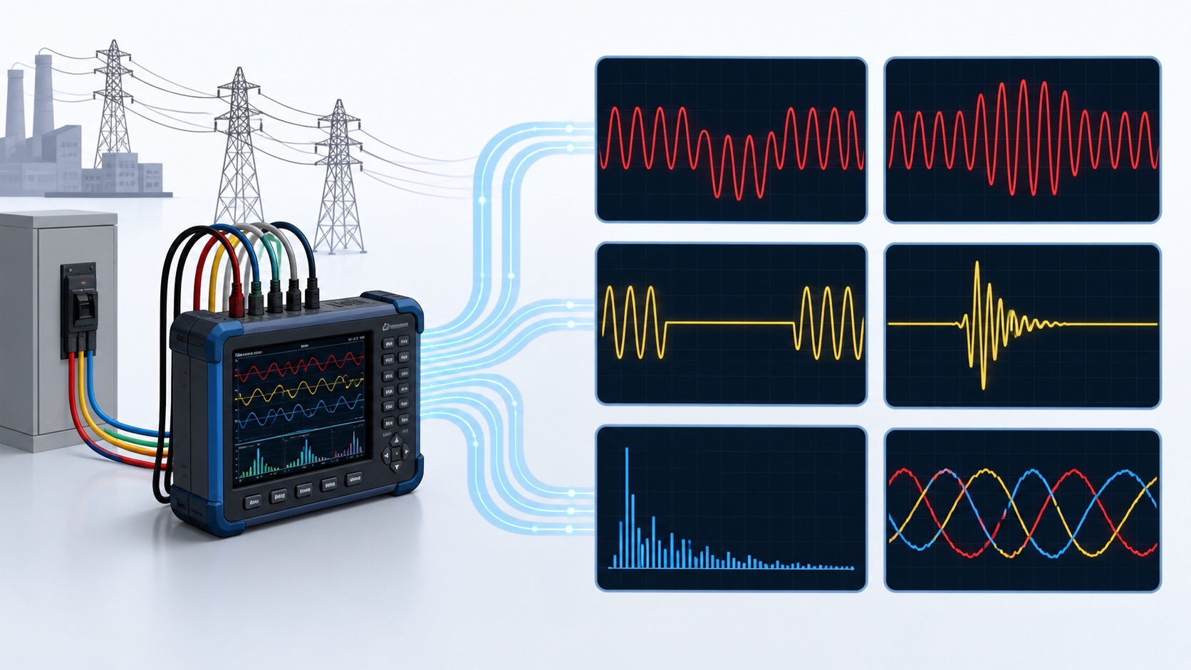 Power quality recorder capturing sag swell interruption transient harmonics and unbalance waveforms